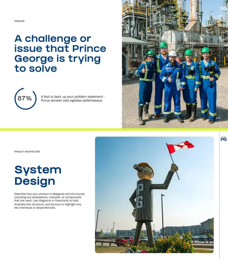 City of Prince George investment deck template pages with a problem statement slide and a Mr. PG mascot system design slide