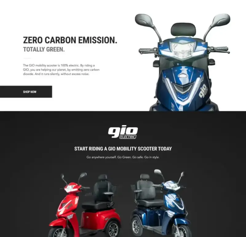 GIO Electric web page sections: Zero Carbon Emission headline and red and blue mobility scooters