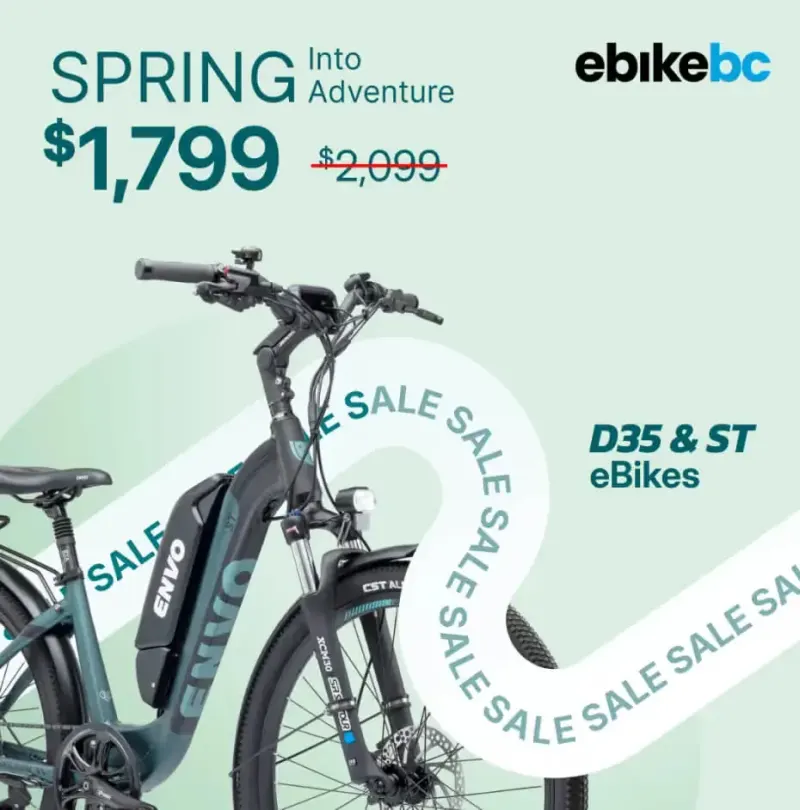 ebikebc spring sale social post: ENVO D35 and ST e-bikes for $1,799, down from $2,099, over a looping SALE ribbon