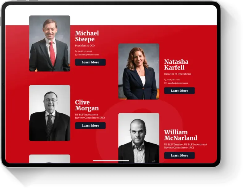 Steepe & Co tablet team page with a red background and portraits of four team members with Learn More buttons