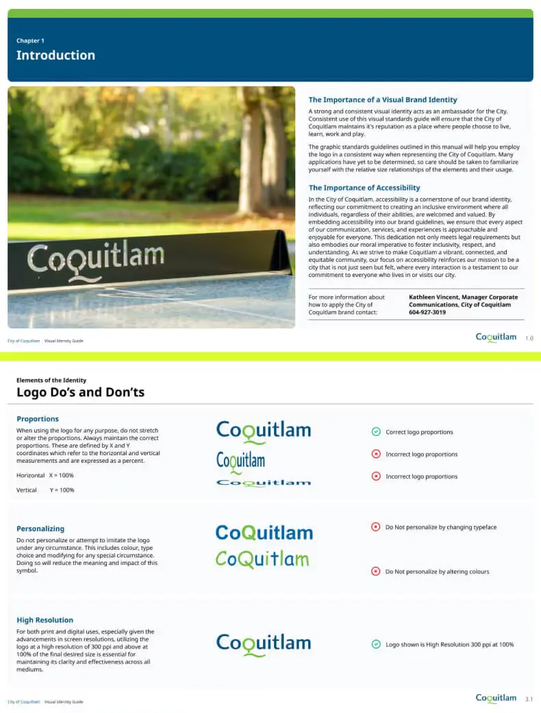Coquitlam brand guide introduction page with a logo sign photo, and a page of logo proportion do's and don'ts