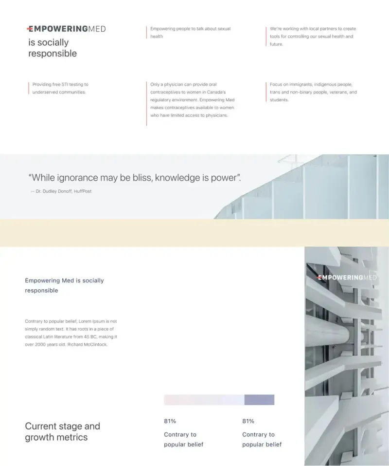 Empowering Med "socially responsible" page with a knowledge quote, growth metrics and a white architecture photo