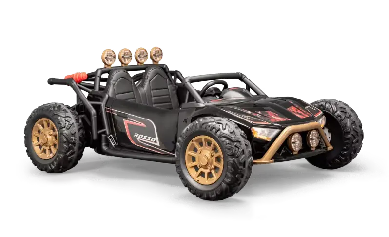 Black Rosso two-seat buggy ride-on with gold wheels and roof lights on a white background