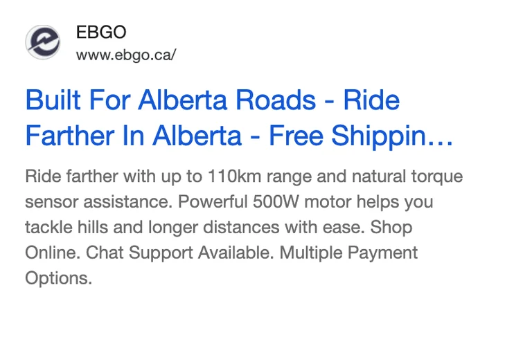 EBGO Google search ad: Built For Alberta Roads, Ride Farther In Alberta, Free Shipping Across Alberta