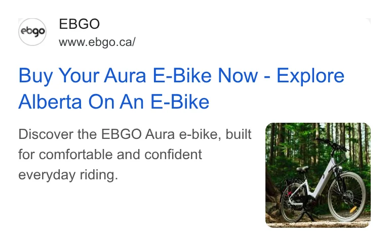 EBGO Google search ad: Buy Your Aura E-Bike Now, Explore Alberta On An E-Bike