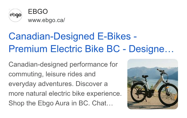 EBGO Google search ad: Canadian-Designed E-Bikes, Premium Electric Bike BC