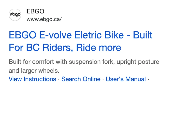 EBGO Google search ad: EBGO E-volve Electric Bike, Built For BC Riders, Ride more