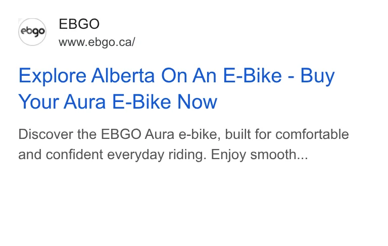 EBGO Google search ad: Explore Alberta On An E-Bike, Buy Your Aura E-Bike Now