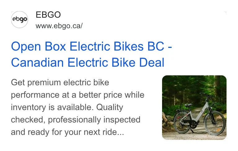 EBGO Google search ad: Open Box Electric Bikes BC, Canadian Electric Bike Deal