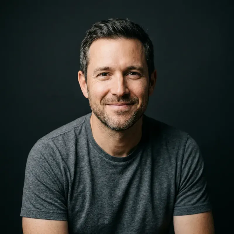 A smiling man with short greying hair in a grey t-shirt, against a dark background