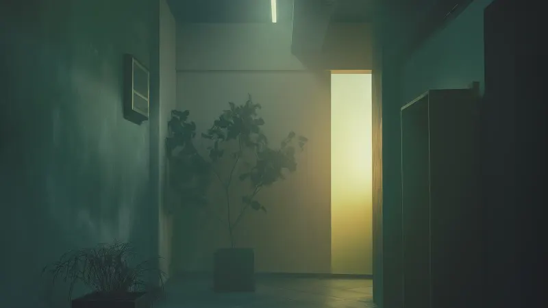 A dim hallway with green walls and potted plants, ending in warm light.