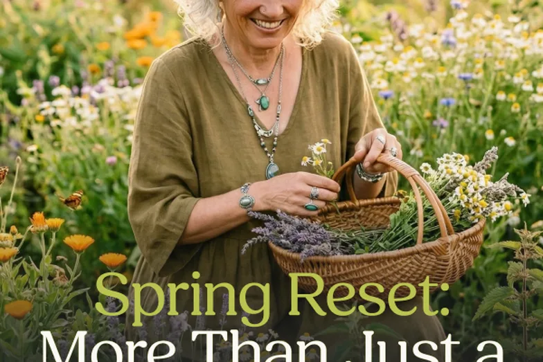 A woman holding a basket of fresh herbs, under the line “Spring Reset”