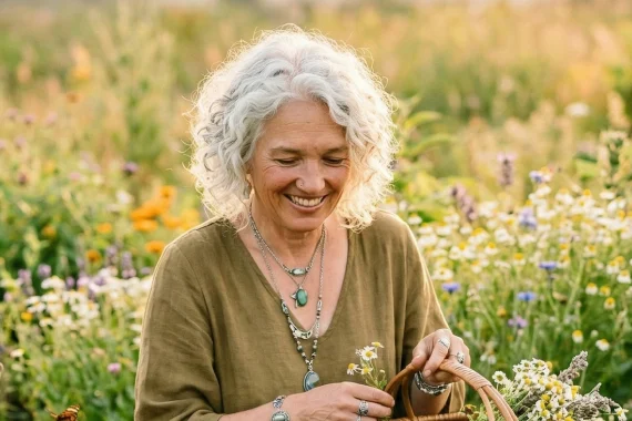 A smiling woman with grey hair gathering herbs in a meadow