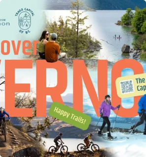 A trail-guide ad with hikers and cyclists over a lake