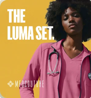 A Medcouture ad for The Luma Set, a nurse in pink scrubs