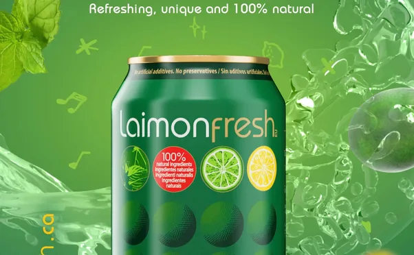 A Laimon Fresh can in splashing water, “Refreshing, unique and 100% natural”