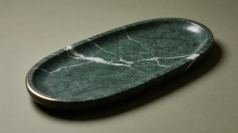 A green marble tray with white veining and a gold rim.