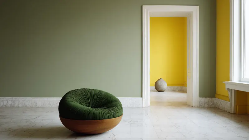 A sage room with a green chair and a marble floor, and a yellow room through the doorway.