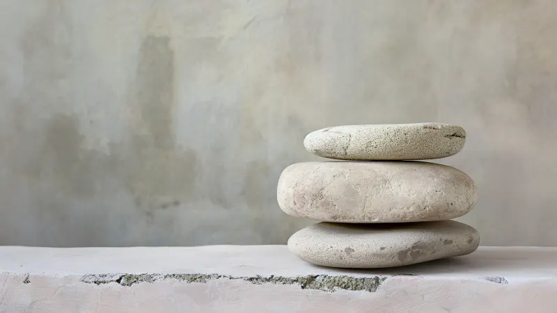 Three smooth stones stacked on a textured ledge against a beige wall.