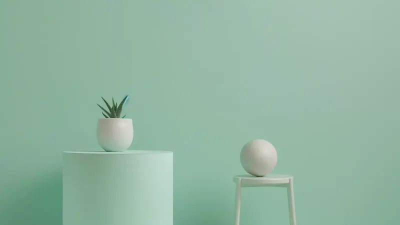 A pastel green room with a succulent on a plinth and a speckled sphere on a stool.