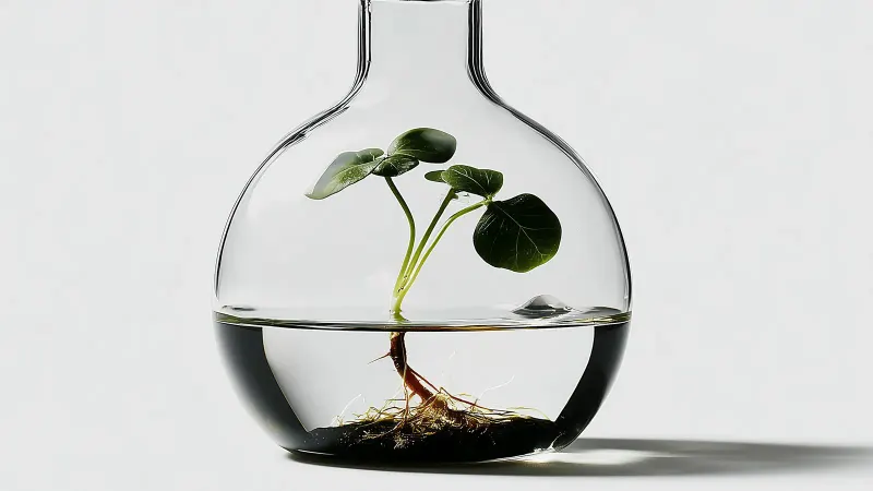 A seedling with visible roots growing in water inside a clear glass flask.