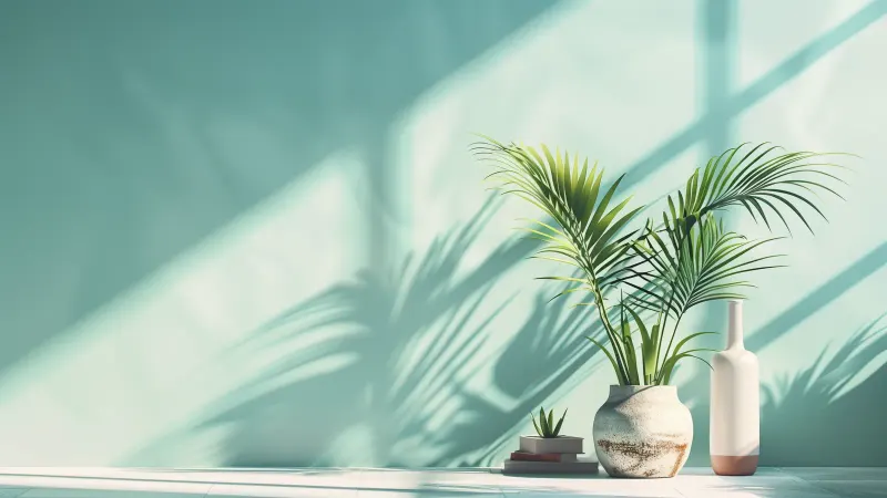 A potted palm and a white vase against a sunlit teal wall.