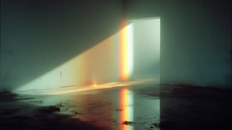 Sunlight falling through a doorway into an empty room, across a reflective floor.