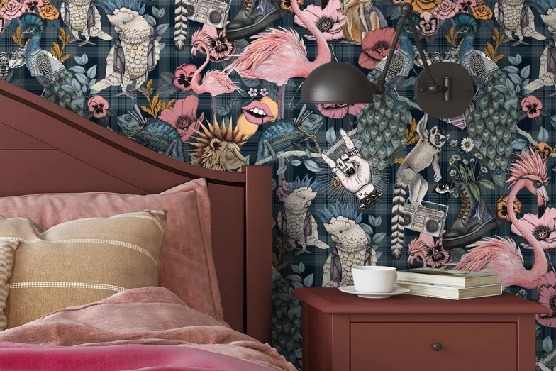 A bedroom in Punk Rocks wallpaper, in denim blue