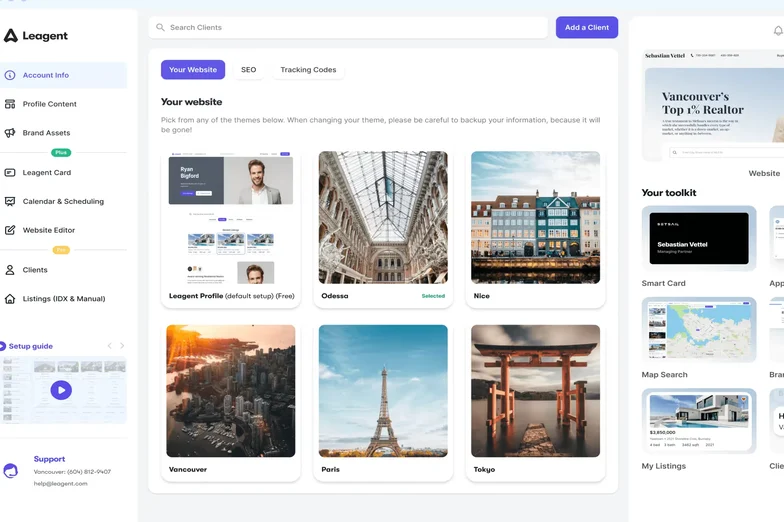 The Leagent platform's website builder, with listing photos for each market