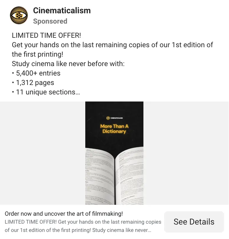 Cinematicalism ad: limited time offer on the first edition, more than a dictionary