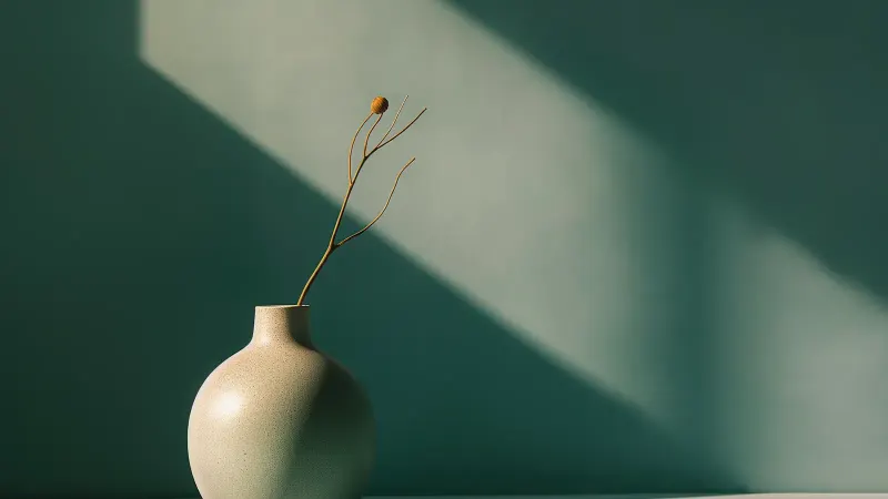 A green vase holding a dried flower, casting a shadow on a green wall in angled sunlight.