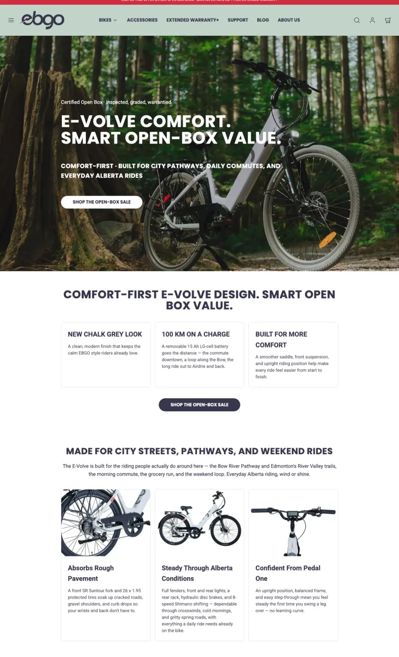 EBGO E-Volve landing page for Alberta on desktop: everyday Alberta rides, the Bow River Pathway and Edmonton’s River Valley, steady through Alberta conditions