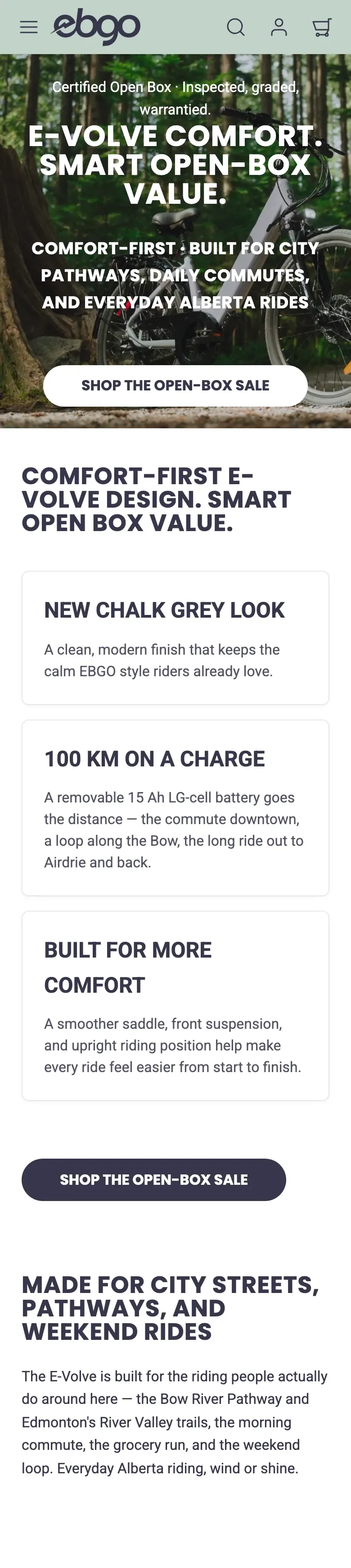 EBGO E-Volve landing page for Alberta on a phone, from the top through the Alberta ride details