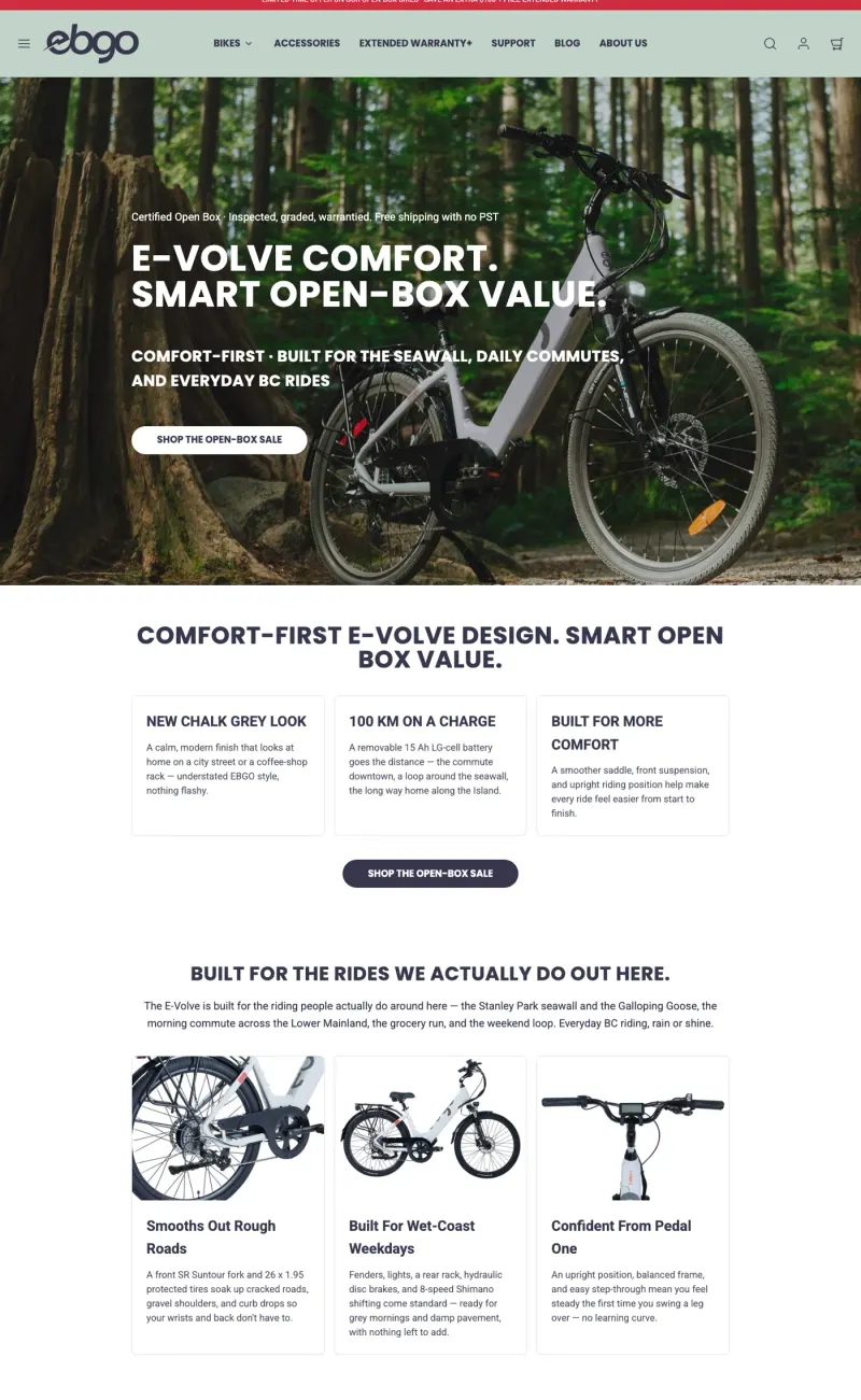 EBGO E-Volve landing page for BC on desktop: built for the seawall, the Stanley Park seawall and the Galloping Goose, built for wet-coast weekdays