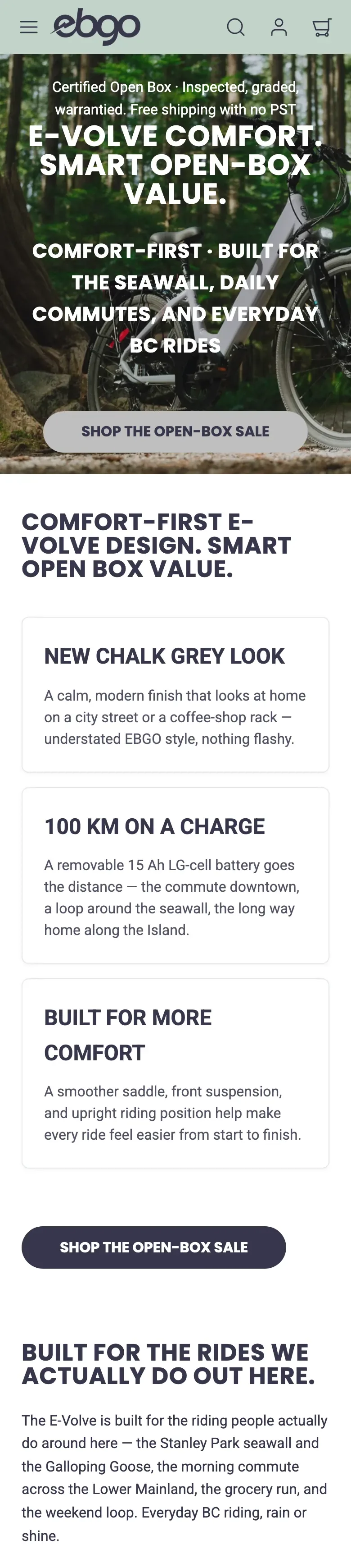 EBGO E-Volve landing page for BC on a phone, from the top through the BC ride details