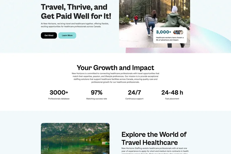 New Horizons Staffing’s recruitment landing page, “Travel, Thrive, and Get Paid Well for It!”