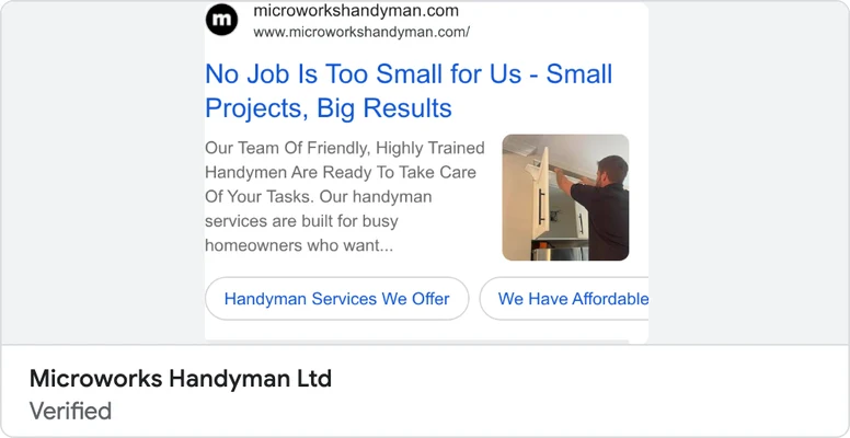 Microworks Handyman Google search ad: No Job Is Too Small for Us, Small Projects, Big Results
