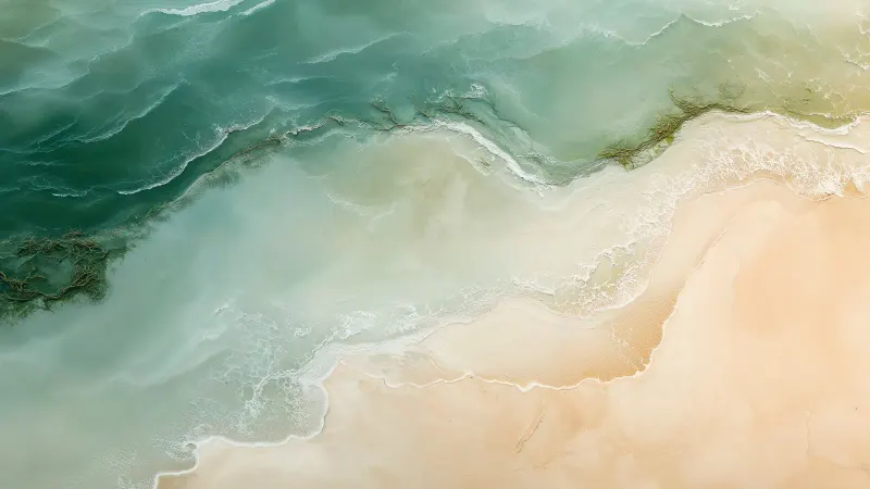 An aerial view of turquoise waves washing over golden sand.