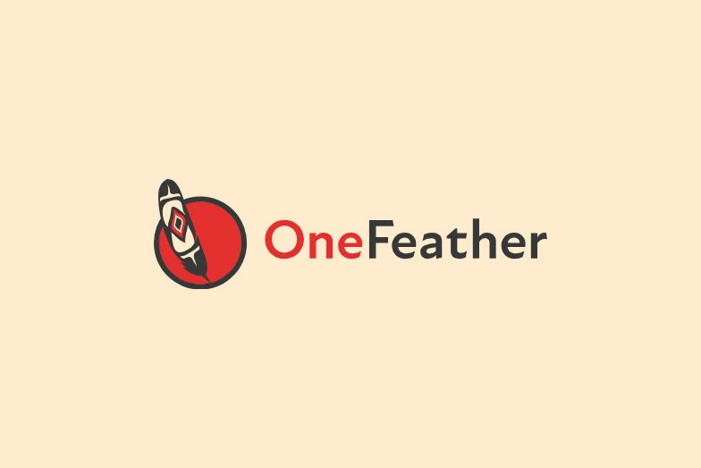 The OneFeather logo, its feather symbol and wordmark, on OneFeather cream