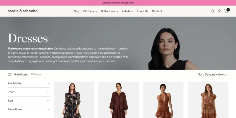 The Pookie + Sebastian dresses collection on a laptop, with filters beside the dresses