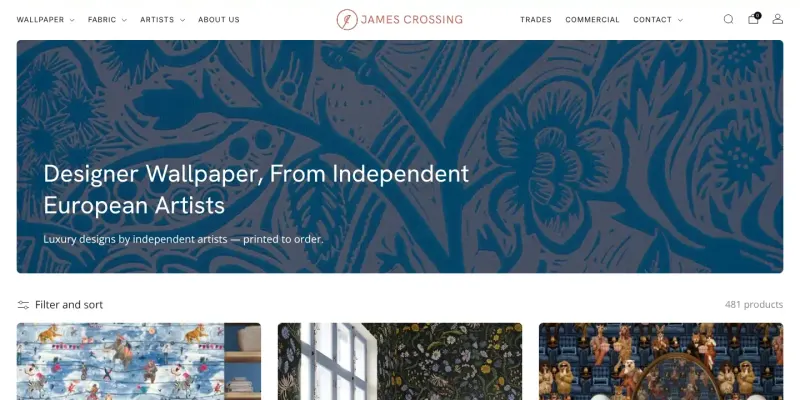 The James Crossing wallpaper collection page on a laptop: 481 designs with Filter and sort
