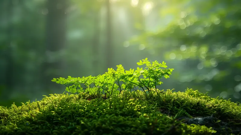 Green ferns and moss lit by sun on a forest floor.