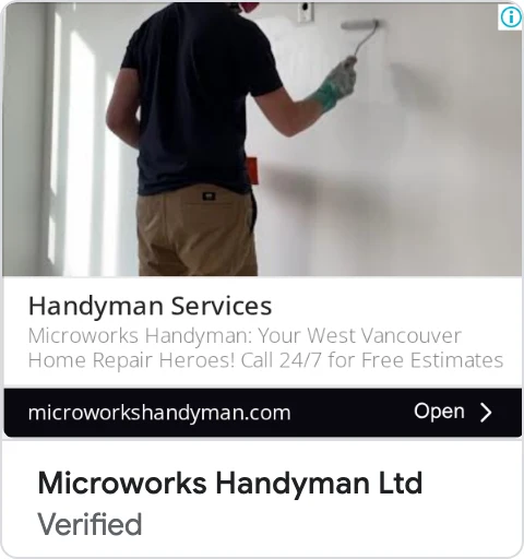 Microworks Handyman display ad: a technician painting a wall, West Vancouver home repair heroes