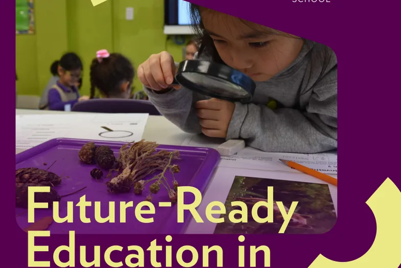 A child looking through a magnifying glass, under the line “Future-Ready Education in”