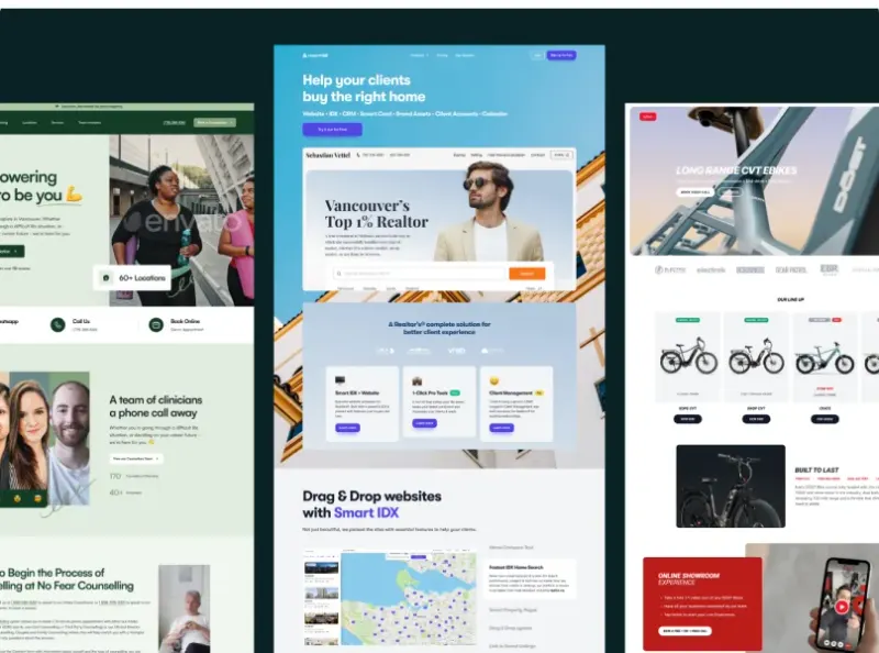 A collage of website page designs: a realtor homepage, an e-bike store and a counselling practice