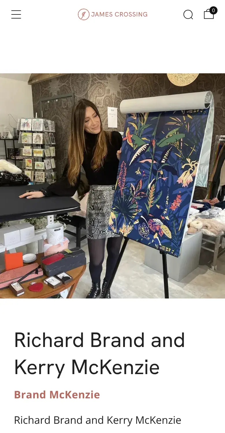 An artist page on a phone: Richard Brand and Kerry McKenzie with one of their wallpapers