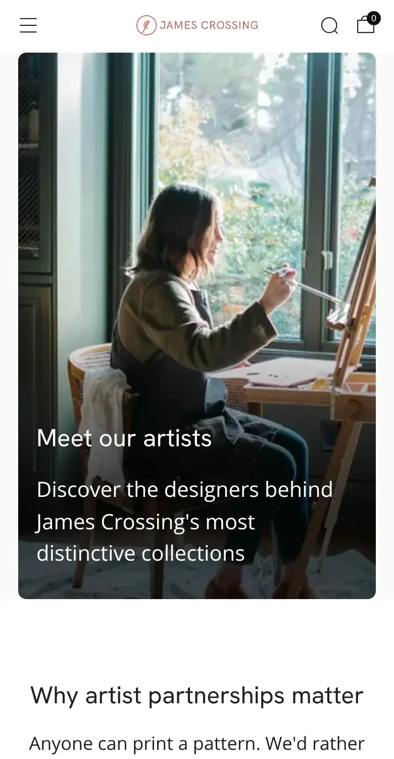 The James Crossing Meet our artists page on a phone