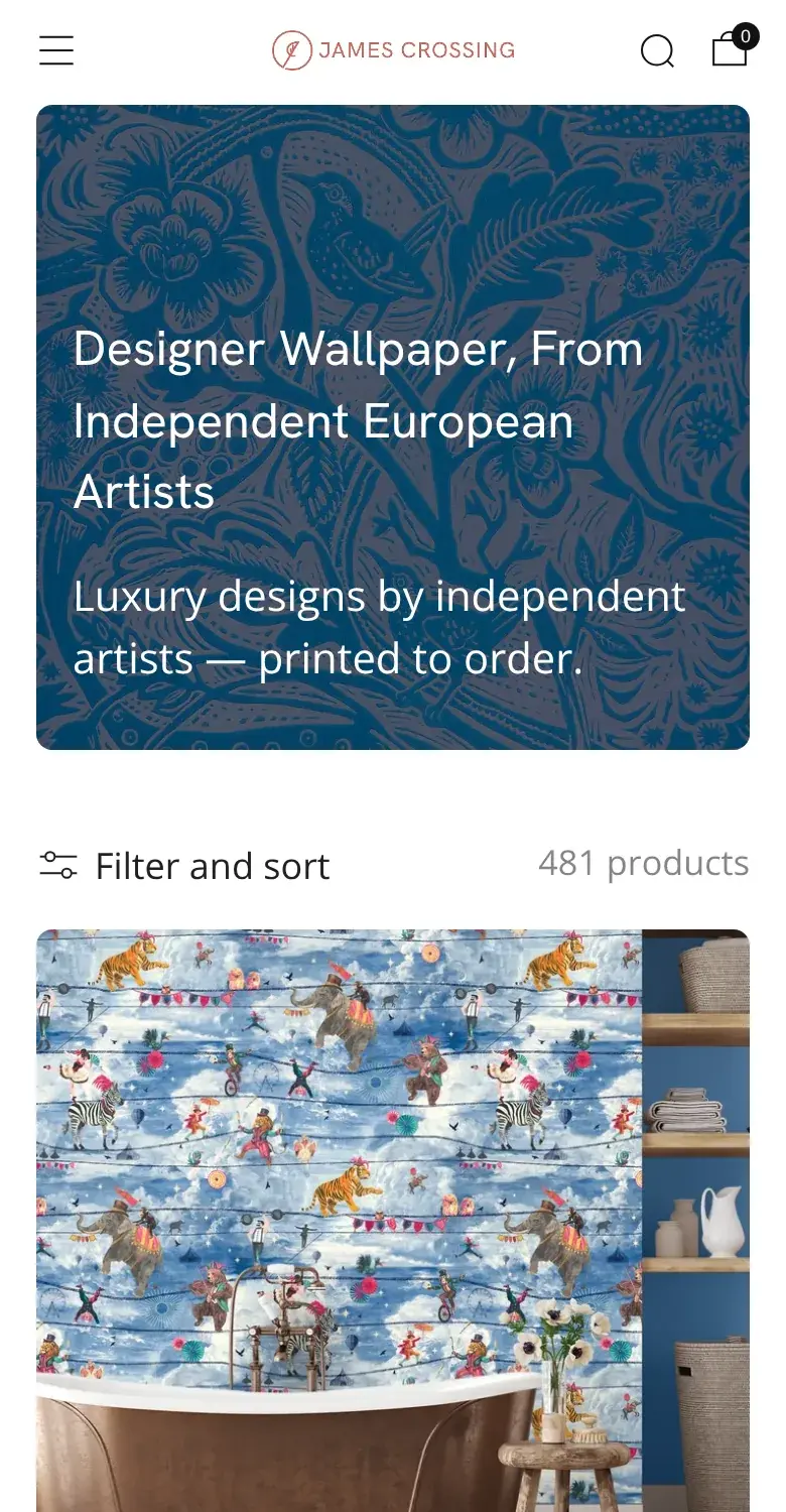 The James Crossing wallpaper collection on a phone, with Filter and sort above the designs