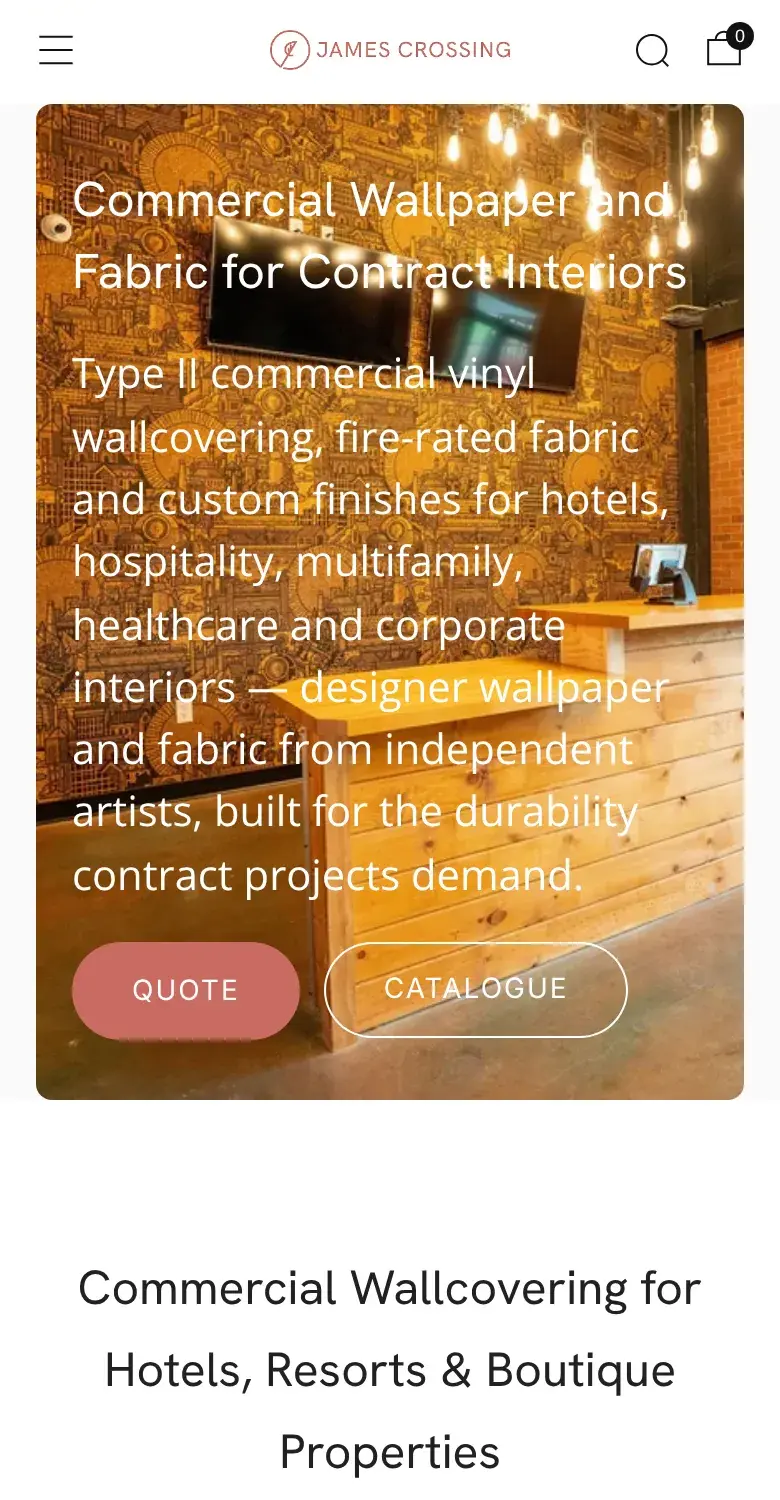The James Crossing Commercial page on a phone, for hotels and contract buyers