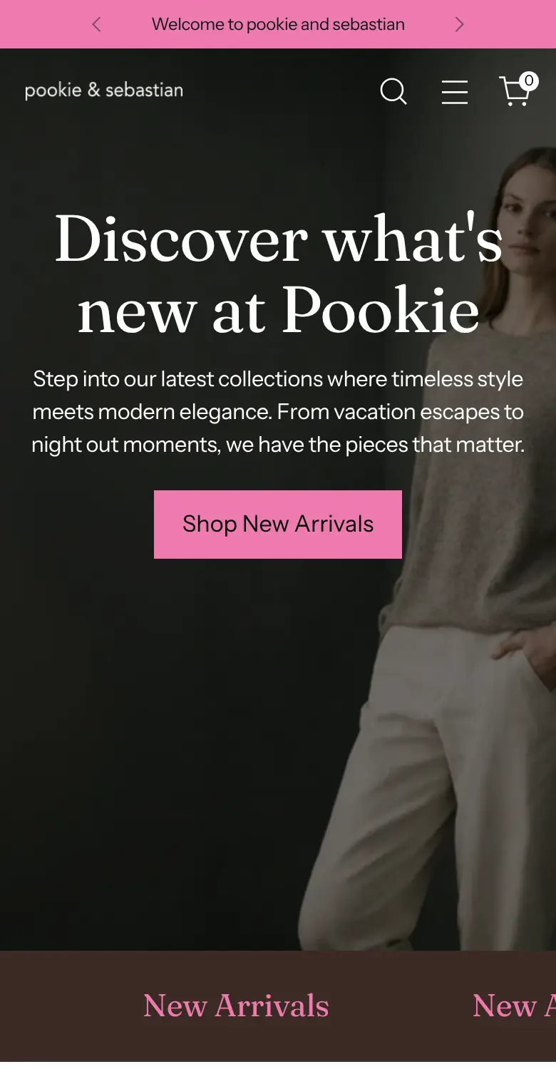 The Pookie + Sebastian home page on a phone